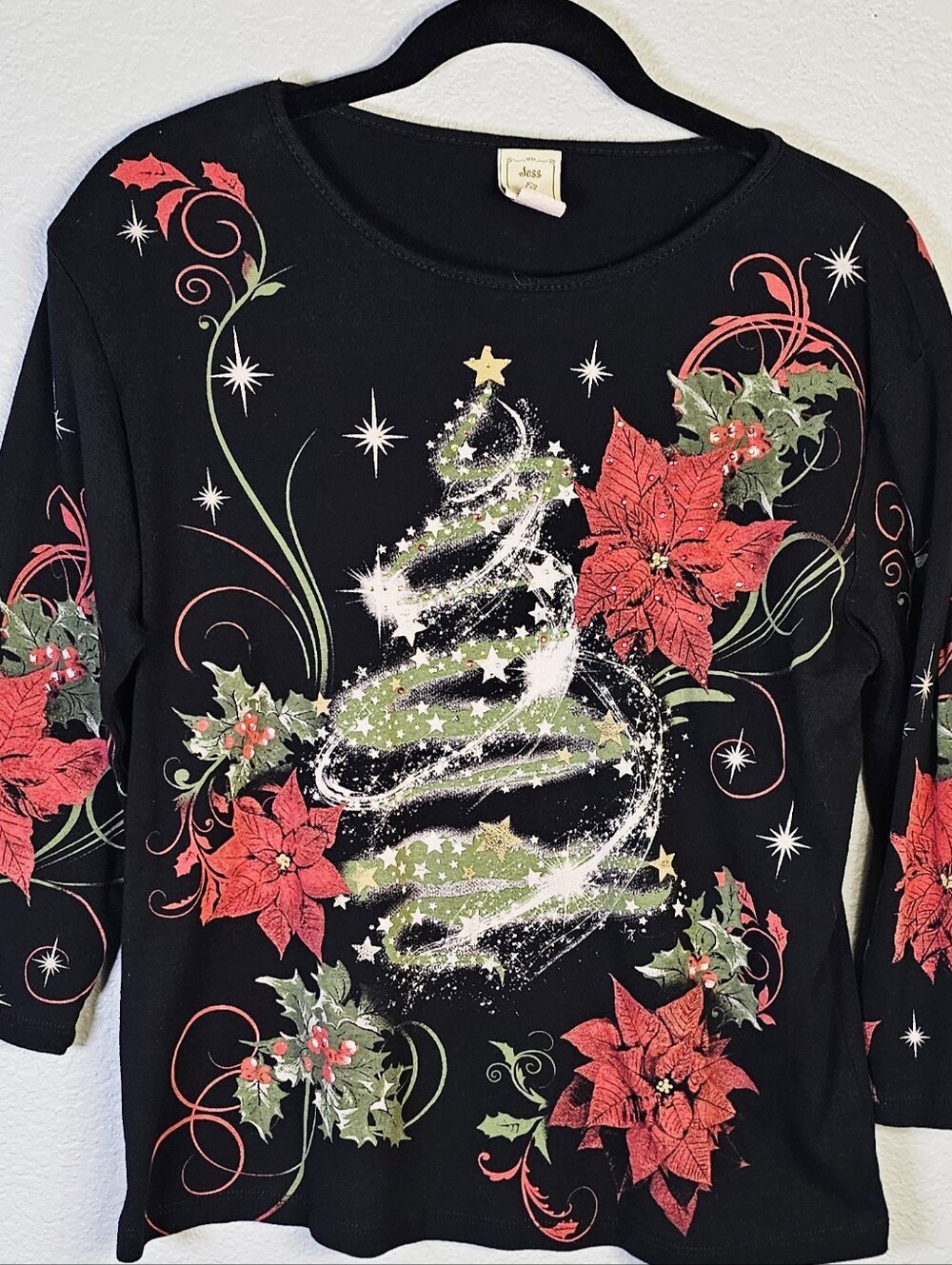Jess & Jane Large Christmas Tree Poinsettia Soft Holiday Top Made USA